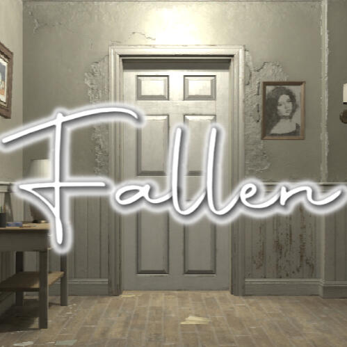 Cover art for Fallen, featuring the title against a still image from the game, showing an ominous basement door.