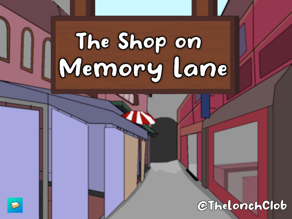 Cover image for The Shop on Memory Lane, featuring the title and a row of brightly painted market stalls. Art by Matt Edwards.